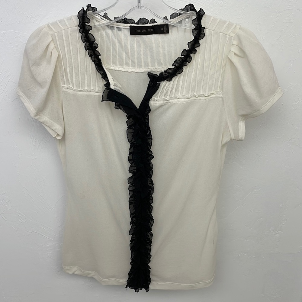 The Limited Sheer Ruffled Off White Top Button Up Blouse XS